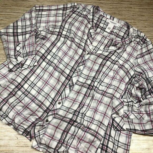 Y-100~ Workshop Womens Button Front Shirt White Plaid 3/4 Slv Notch Neck Plus 2X - Picture 1 of 3